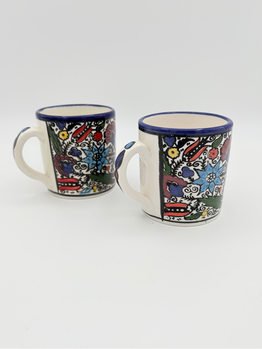 Armenian Hand Painted Ceramic Floral Mugs Set 2 Artisan Coffee Cups